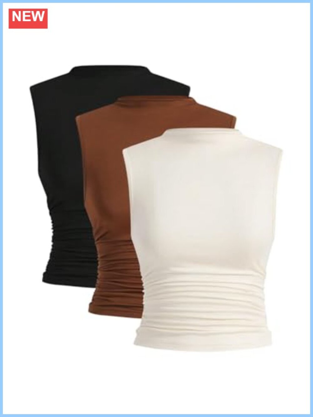 3 Pack Ruched Mock Neck Sleeveless Fitted Tank Tops